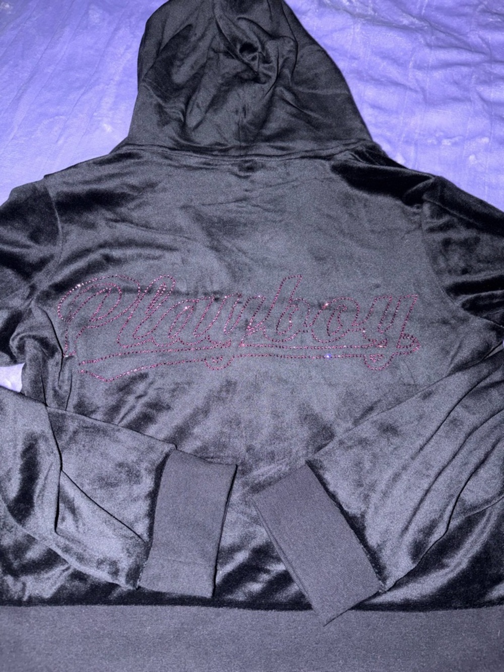 PLAYBOY Rhinestone Black Velvet Zip- Hoodie size M